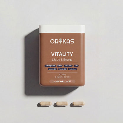 Orykas supplement bottle — British-formulated capsules supporting prostate and bladder health